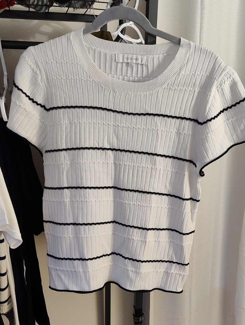 Verve Ami White Short-Sleeve Knit Top with Black Stripes
